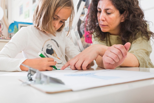 Madre ayudando a niña con dibujo