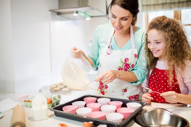 Madre e hija en la cocina preparando la magdalena