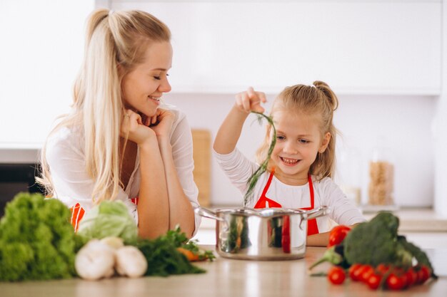 Madre e hija cocinando en la cocina