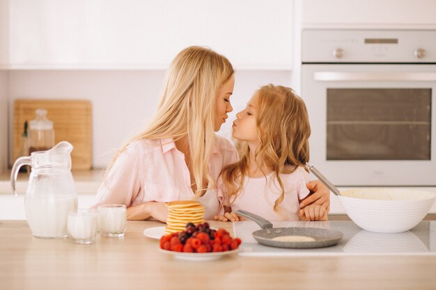 Madre e hija hornear panqueques