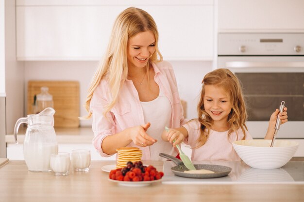 Madre e hija hornear panqueques