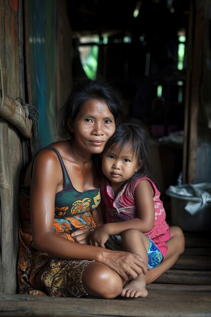 Madre e hija indígenas en su pequeña casa