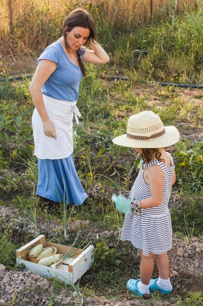 Madre e hija de pie en el campo de cosecha de verduras frescas