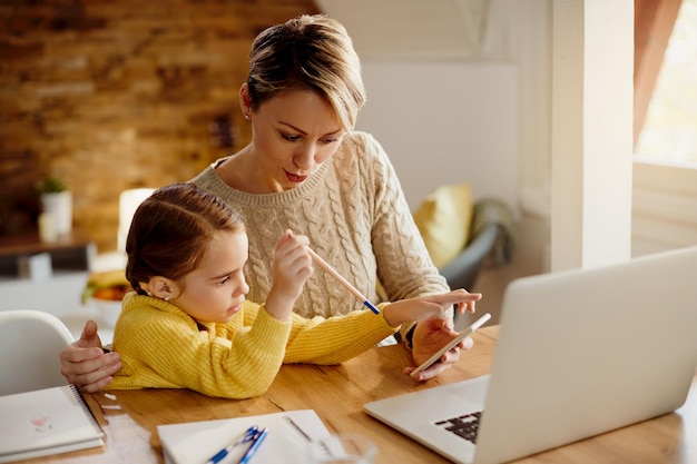 Madre e hija que trabajan usando un teléfono móvil en casa