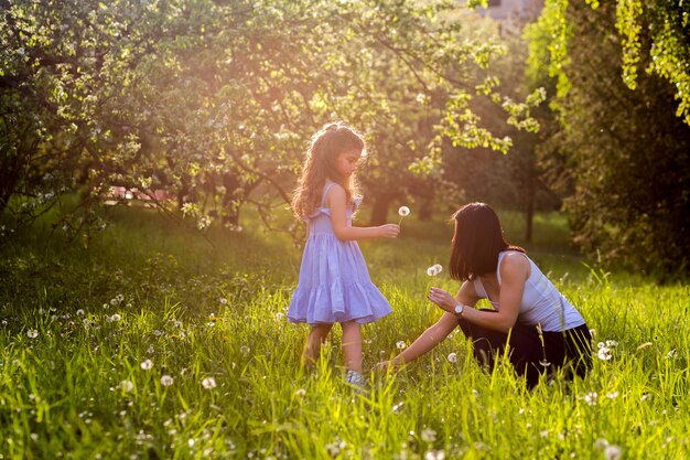 Madre e hija recogiendo flores de diente de león en el parque