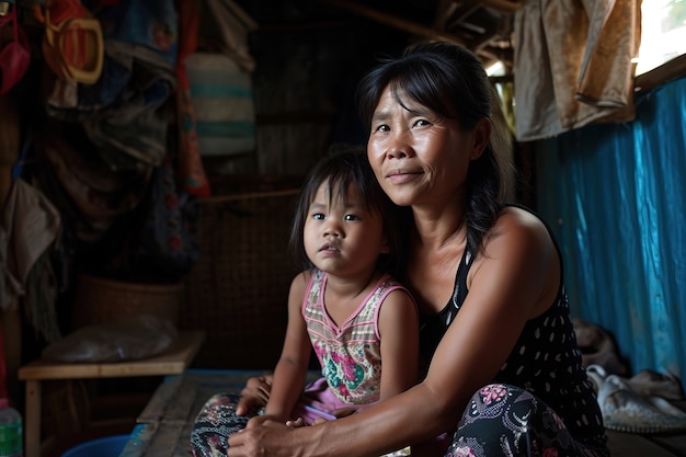 Foto gratuita madre y hija asiáticas en su pequeña casa.