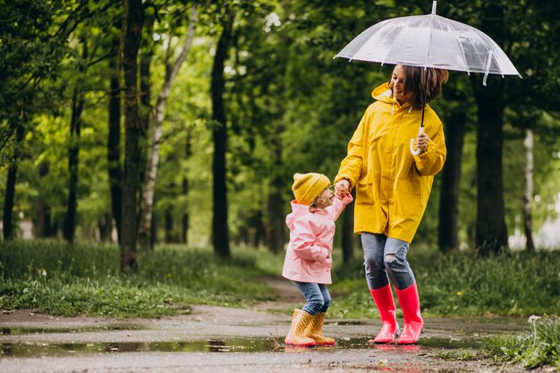 Madre con hija caminando bajo la lluvia bajo el paraguas