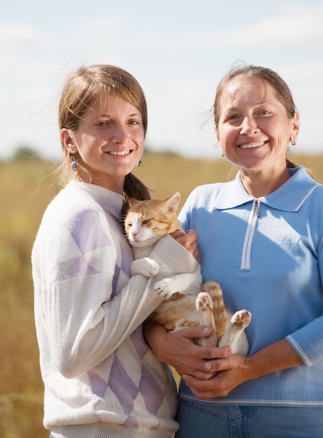 Madre con la hija está sosteniendo el gato