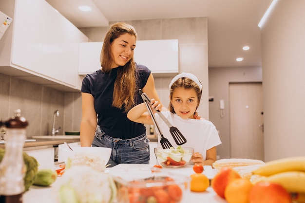 Madre con hija pequeña cocinando juntos en la cocina