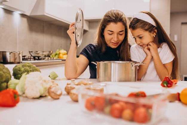 Madre con hija pequeña cocinando juntos en la cocina