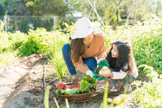 Madre hispana e hija cosechando verduras juntas en el jardín
