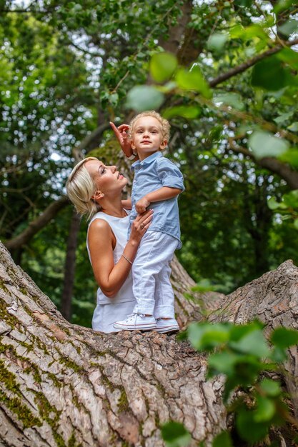 Madre jugando con su hijo en un árbol en el parque.