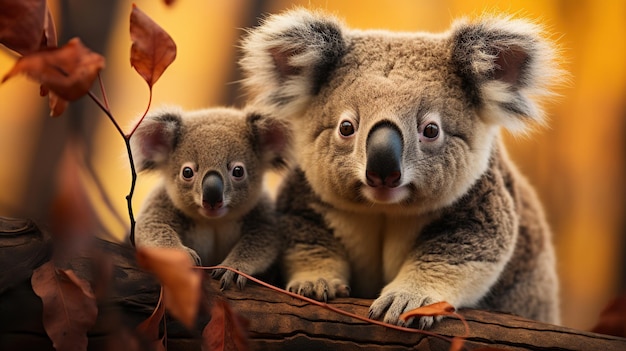 Foto gratuita madre koala y su bebé en una rama con hojas de otoño