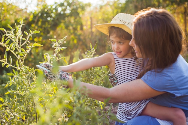 Madre llevando a su hija sosteniendo la planta en el campo