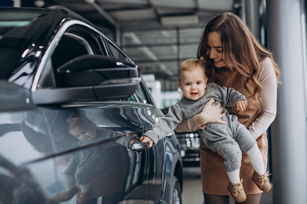 Madre con su hija en una sala de exposición de automóviles