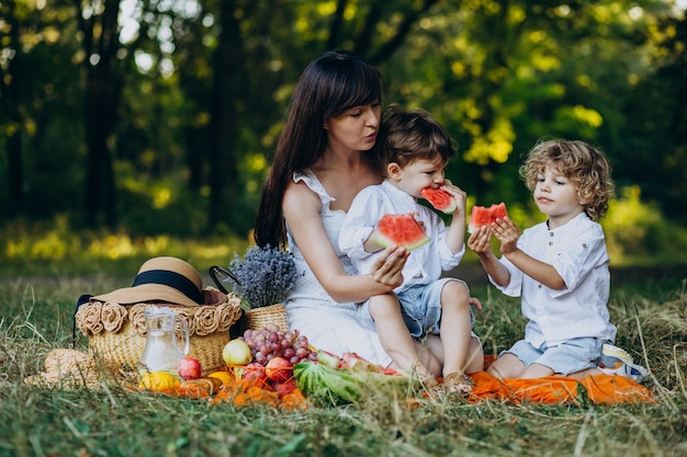 Foto gratuita madre con sus hijos haciendo un picnic en el parque