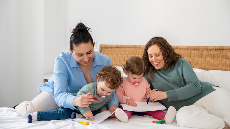 Foto gratuito madres lgbt en casa en el dormitorio con sus hijos