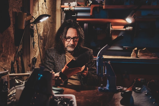 El maestro de zapatos pensativo con anteojos está trabajando en su nueva colección de zapatos en su taller.