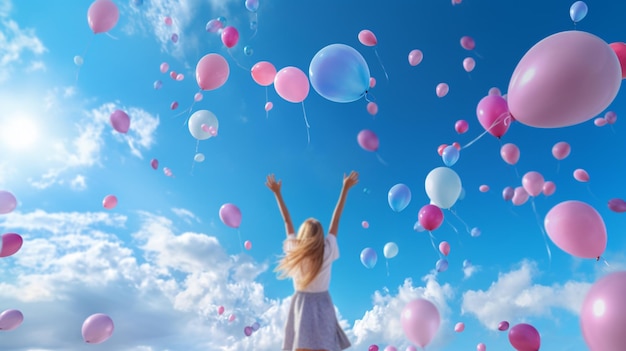 Foto gratuita el mágico momento de lanzar globos al cielo