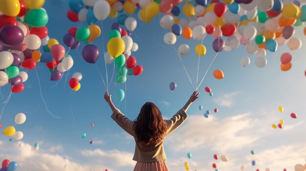 Foto gratuita el mágico momento de lanzar globos al cielo