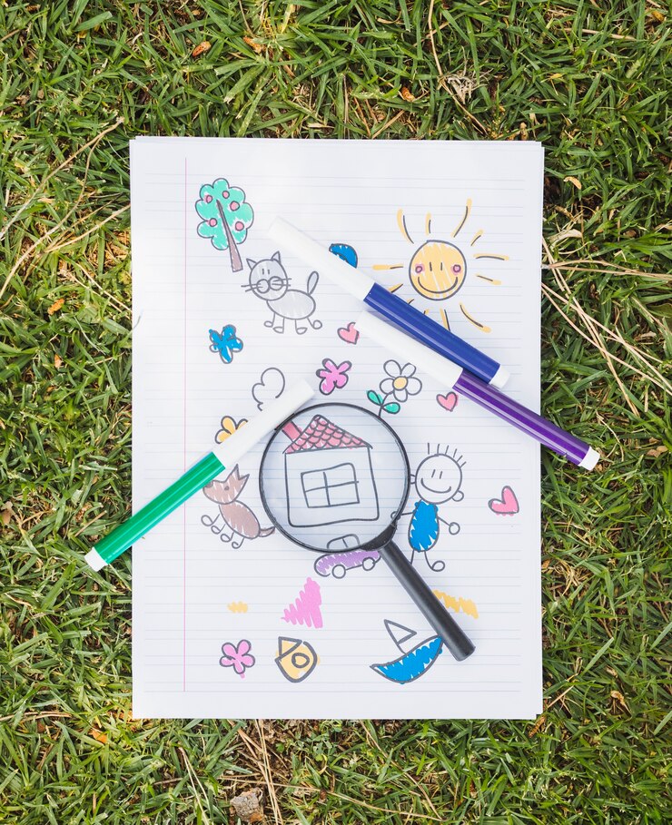 Photo Gratis magnifier on childish drawing on grass