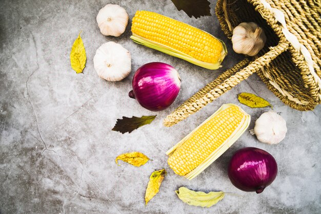 Maíz en mazorca y diferentes verduras