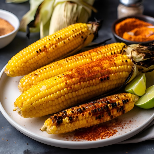 Foto gratuita maíz a la parrilla con especias y lima en un plato comida mexicana