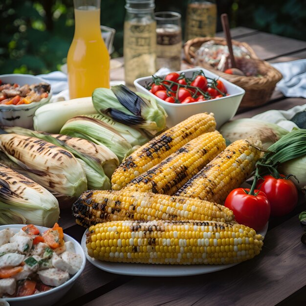 Maíz a la parrilla con verduras frescas en una mesa de madera