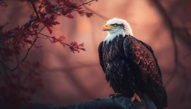 Majestuosa águila calva posada en la rama de un árbol generada por IA