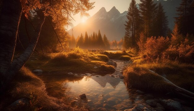 La majestuosa cadena montañosa refleja la tranquila puesta de sol de otoño generada por IA