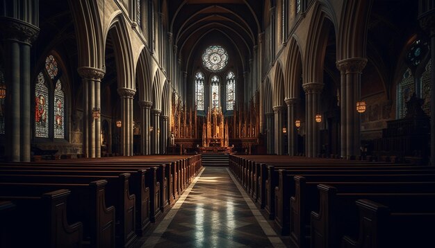 Majestuosa capilla gótica con vidrieras iluminadas generadas por IA