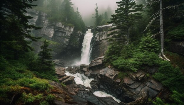 Majestuosa cordillera, agua que fluye tranquila, belleza natural generada por IA