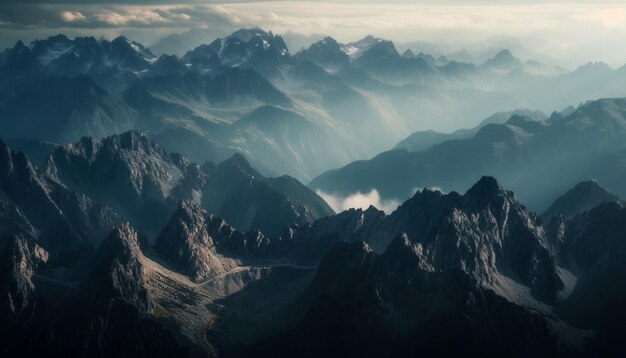 Majestuosa cordillera se asoma a través de la niebla matutina generada por IA