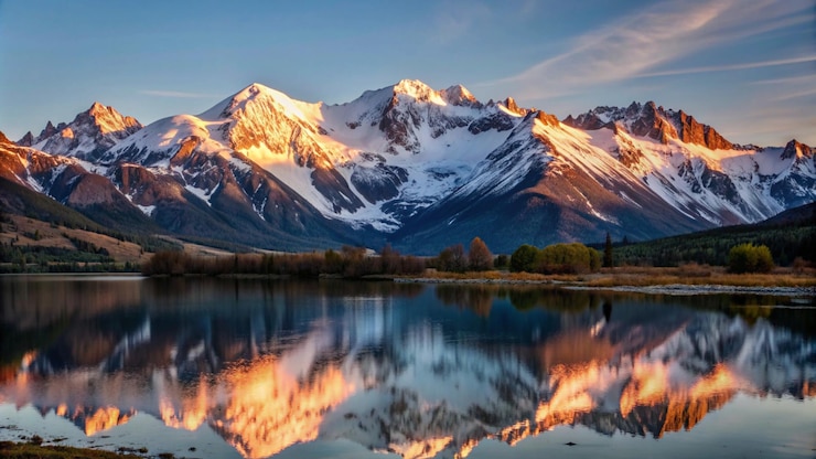 Foto gratuito la majestuosa cordillera cubierta de nieve se refleja en un lago tranquilo