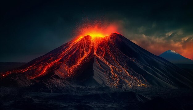 Majestuosa cordillera entra en erupción en una impresionante puesta de sol generada por IA