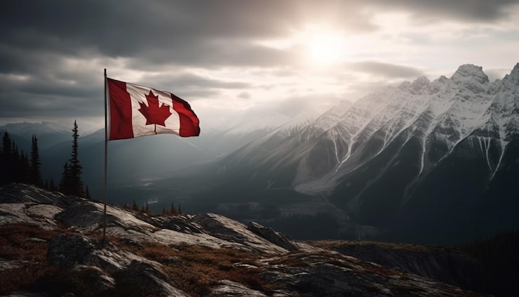 Foto gratuito majestuosa cordillera, escena tranquila, bandera canadiense, ia generativa.