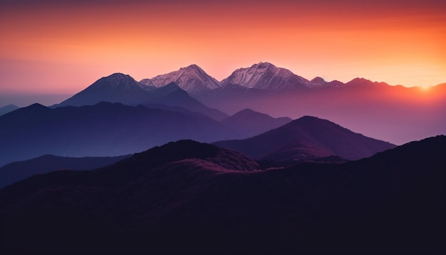 Majestuosa cordillera iluminada por la belleza del atardecer generada por IA