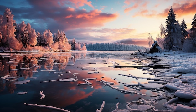 Foto gratuita la majestuosa cordillera refleja la tranquila puesta de sol en el agua congelada generada por la ia
