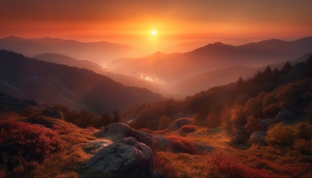 Majestuosa cordillera retroiluminada por la puesta de sol generada por IA