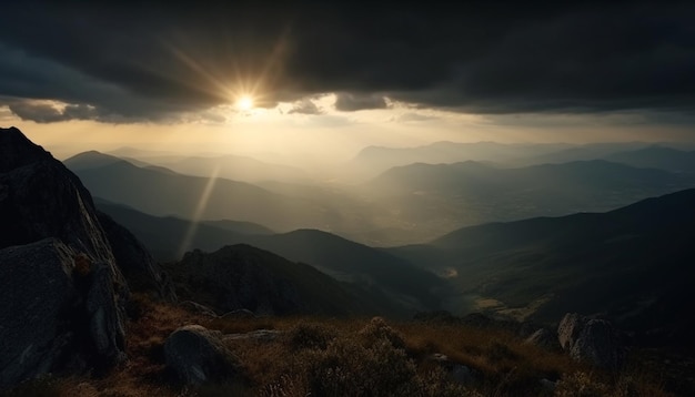 Foto gratuita majestuosa cordillera tranquila pradera puesta de sol retroiluminada generada por ia