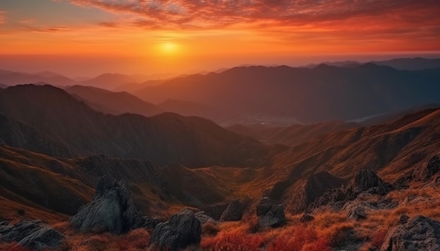 Majestuosa cordillera tranquila puesta de sol belleza en la naturaleza generada por IA