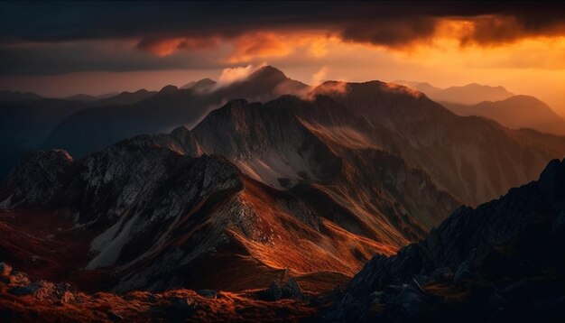 Majestuosa cordillera tranquila puesta de sol silueta generada por IA