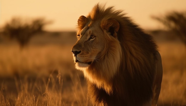 Majestuosa leona caminando por la sabana africana al atardecer generada por IA