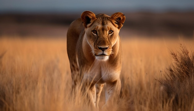 Foto gratuita majestuosa leona caminando en la sabana africana generada por ia