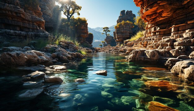 La majestuosa montaña refleja la tranquilidad del agua azul la belleza de la naturaleza generada por la inteligencia artificial