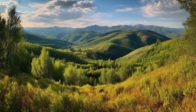 Majestuosa pradera tranquila de la cordillera al amanecer generada por IA