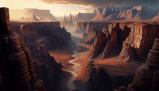 Majestuosa puesta de sol sobre la formación rocosa erosionada Monument Valley generada por IA