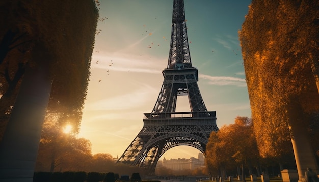 Foto gratuita majestuosa silueta de la torre eiffel iluminada desde atrás por la puesta de sol generada por ia