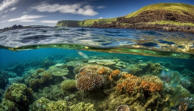 La majestuosa vida marina del mar azul profundo generada por IA