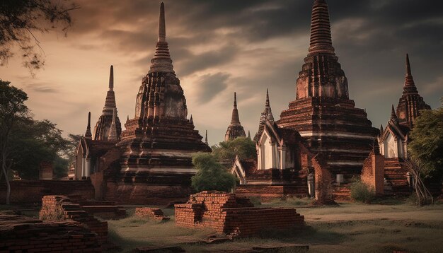 Majestuosas ruinas antiguas de pagodas adornadas con espiritualidad generada por IA